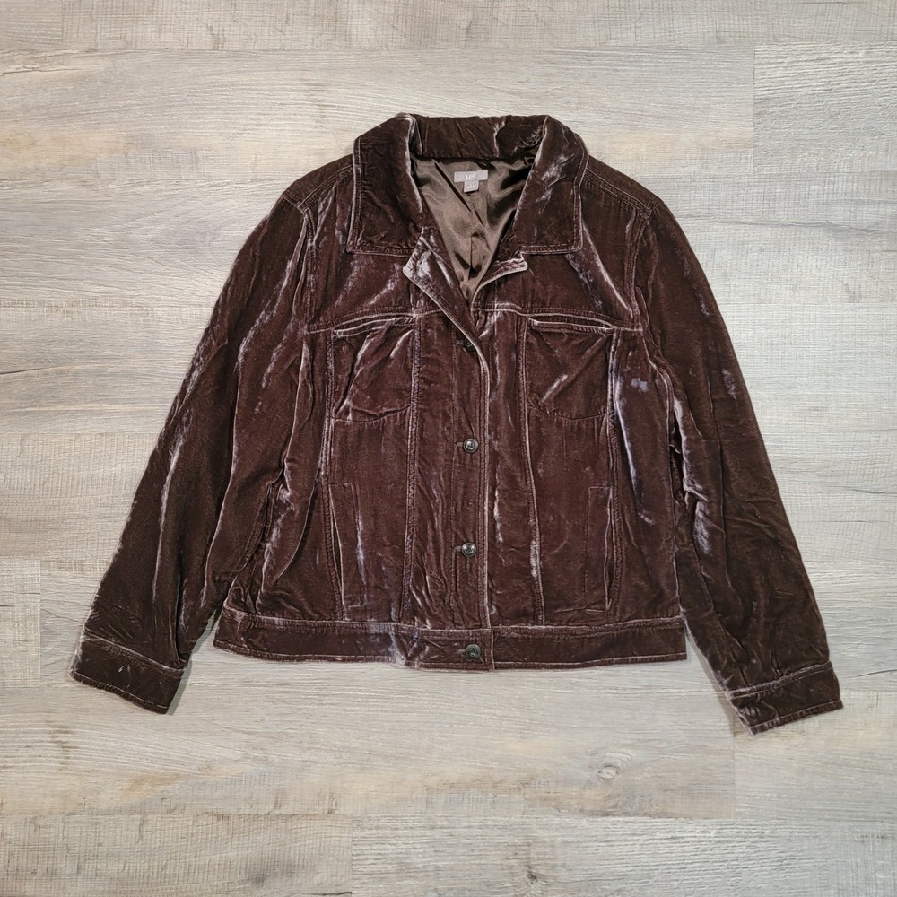 J Jill Brown Silk Blend Velvet Jacket Womens Large Button Up Trucker Preppy Boho
